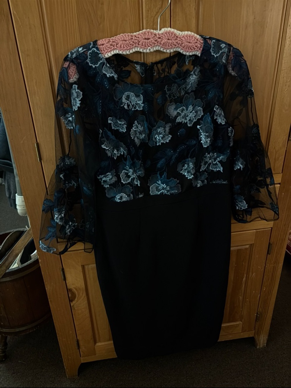 Adrianna Papell Black Midi Dress with Navy & Light Blue Floral Lace Overlay